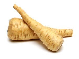 two fresh parsnip roots on a white background